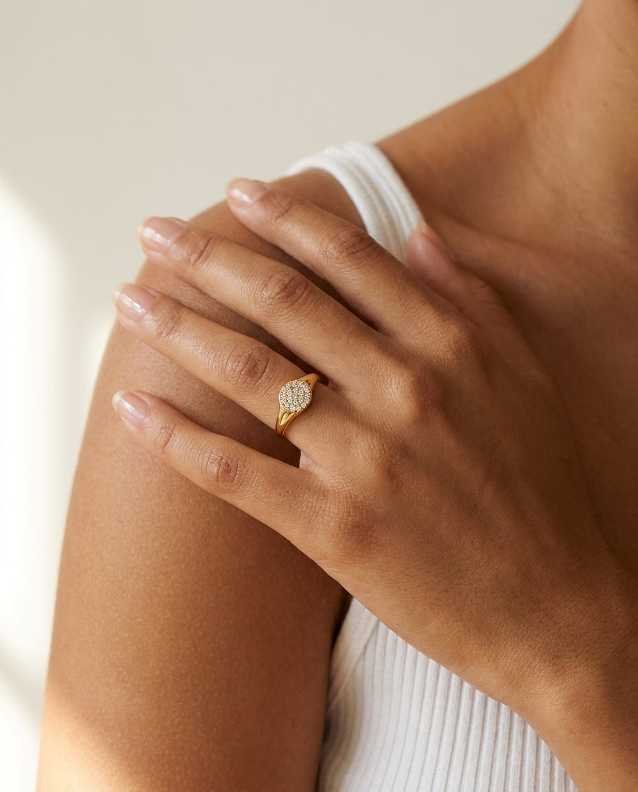 14k Yellow Gold Diamond Pave Signet Ring